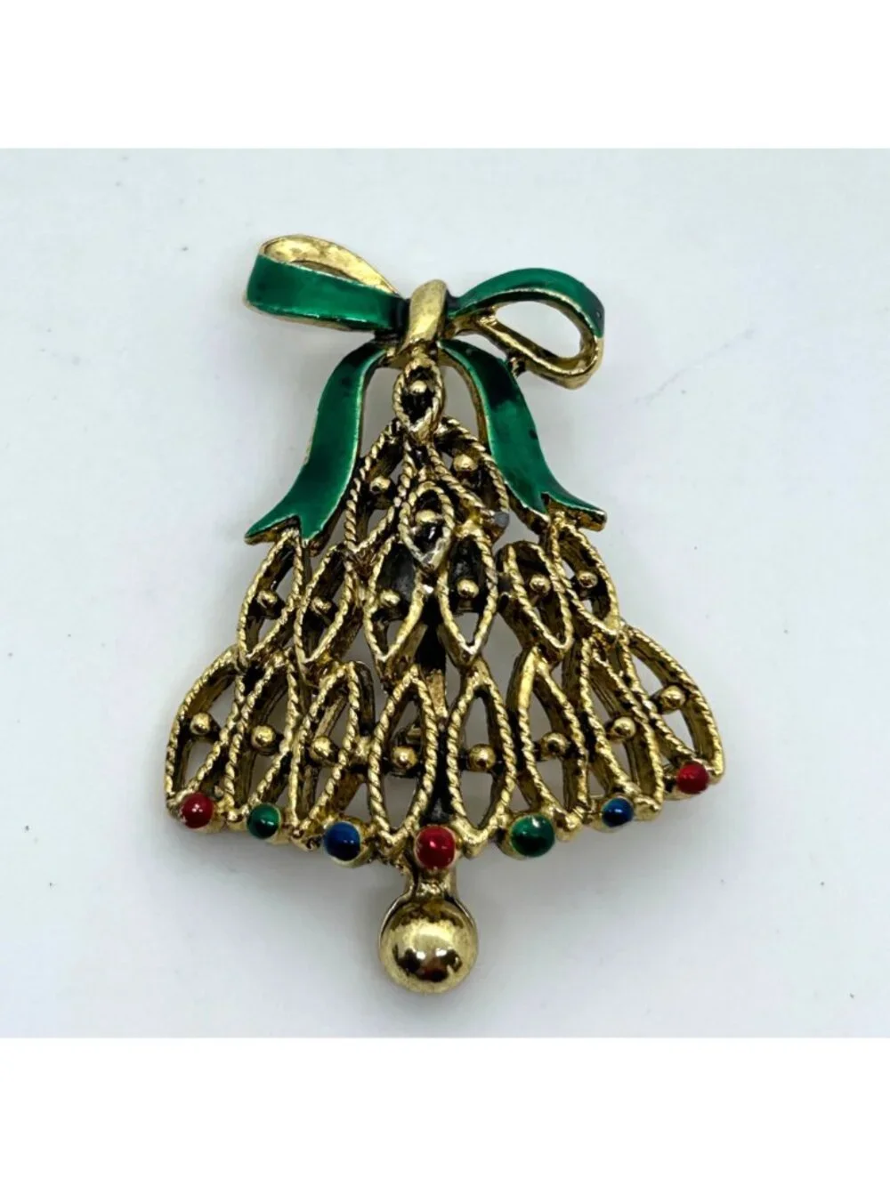 Vintage Christmas Tree Bell-Shape Brooch Gold Tone Green Enamel Bow Holiday Pin